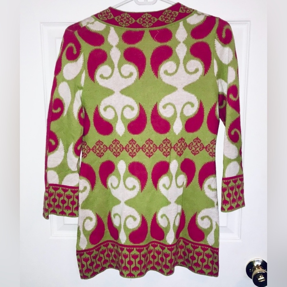 NEVE Women's Knit Top, 3/4 Sleeves, Green, Fuchsia & Cream Colors, Small, EUC